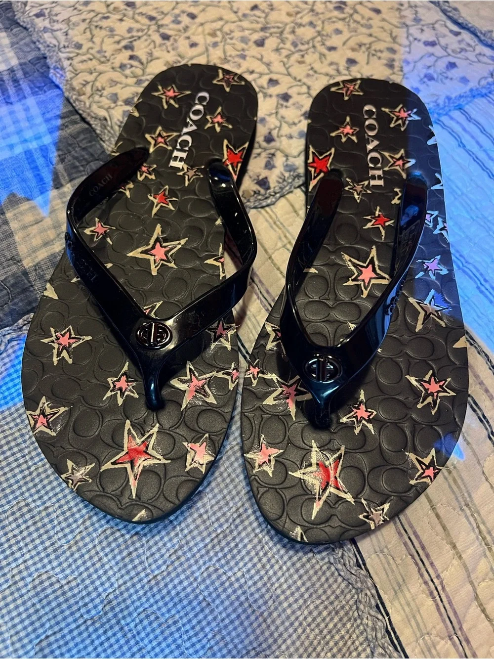 Coach Black Flip Flops with Pink and White Star Print - Picture 1 of 6